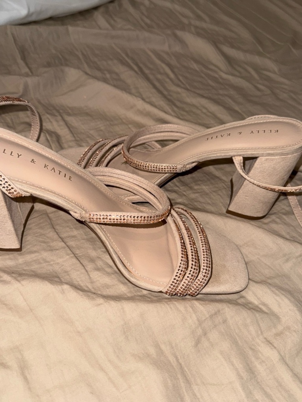 Kelly & Katie Nude Blush Rhinestone Strappy Block Heel Sandals